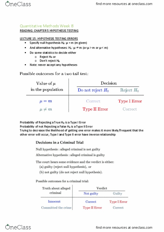 ECON10005 Lecture Notes - Lecture 8: Null Hypothesis, Type I And Type Ii Errors thumbnail