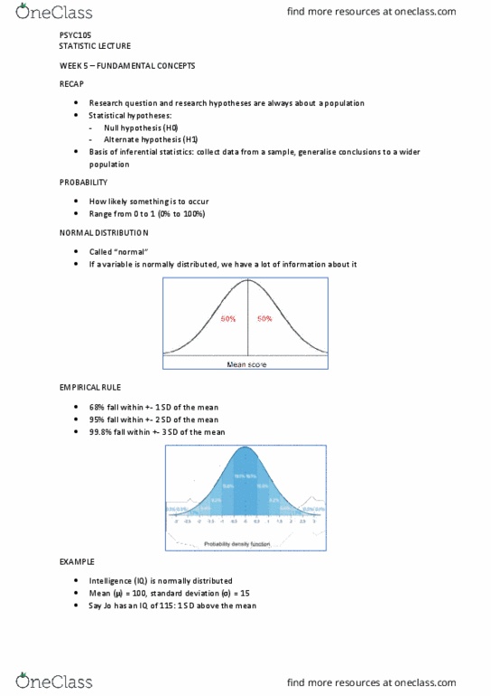 PSYC105 Lecture Notes - Lecture 5: Statistical Inference, Null Hypothesis, Standard Deviation thumbnail
