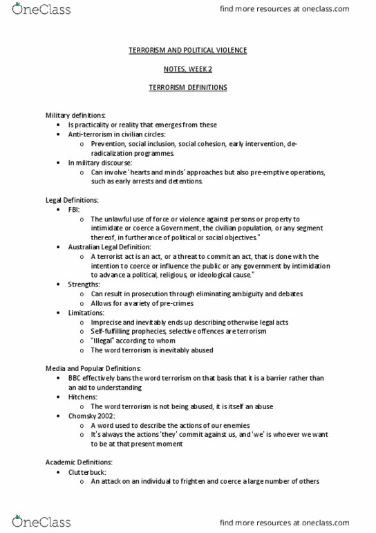 ATS1701 Lecture Notes - Lecture 2: Terrorism And Political Violence, Christopher Hitchens, Noam Chomsky thumbnail