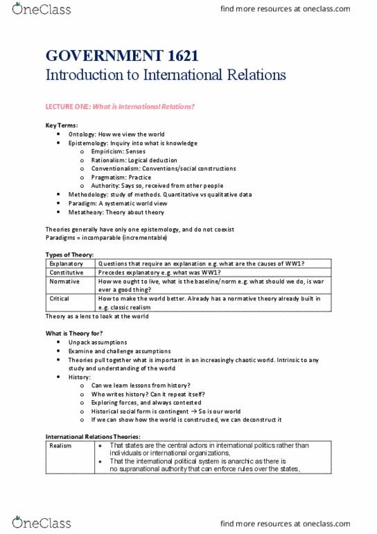 GOVT1621 Lecture Notes - Lecture 1: Kenneth Waltz, World-Systems Theory, Centralisation thumbnail