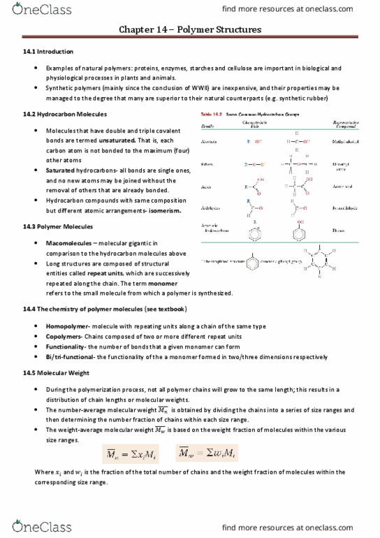 AMME1362 Chapter Notes - Chapter 14: Repeat Unit, Polymer, Natural Rubber thumbnail