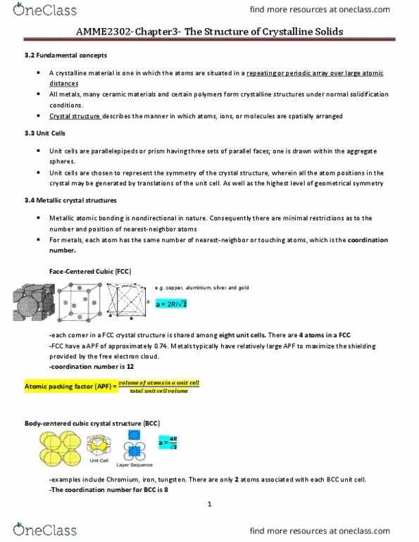 AMME1362 Chapter Notes - Chapter 3: Atomic Packing Factor, Metal, Coordination Number thumbnail