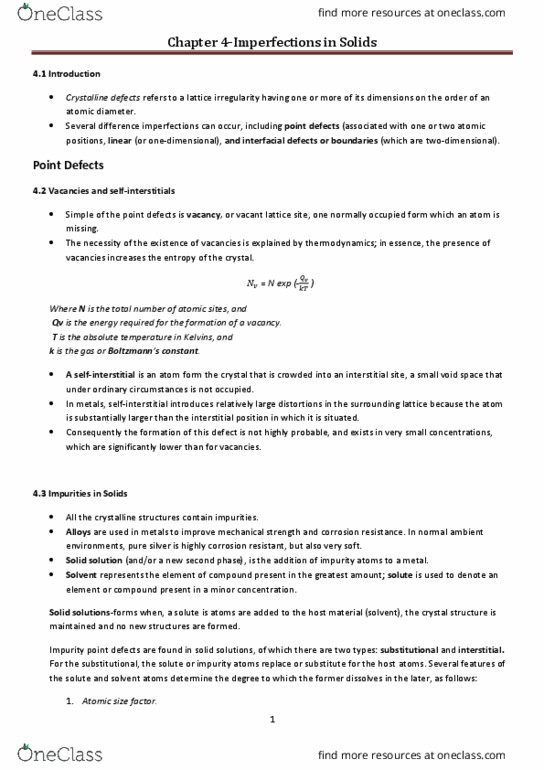 AMME1362 Chapter Notes - Chapter 4: Interstitial Defect, Solid Solution, Electronegativity thumbnail
