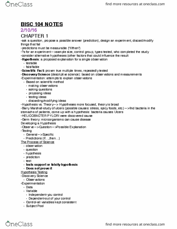 BISC104 Lecture Notes - Lecture 1: Helicobacter, Scientific Control, Adenine thumbnail