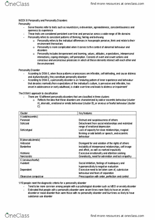 PSY3032 Lecture Notes - Lecture 8: Schizotypal Personality Disorder, Obsessive–Compulsive Personality Disorder, Paranoid Personality Disorder thumbnail