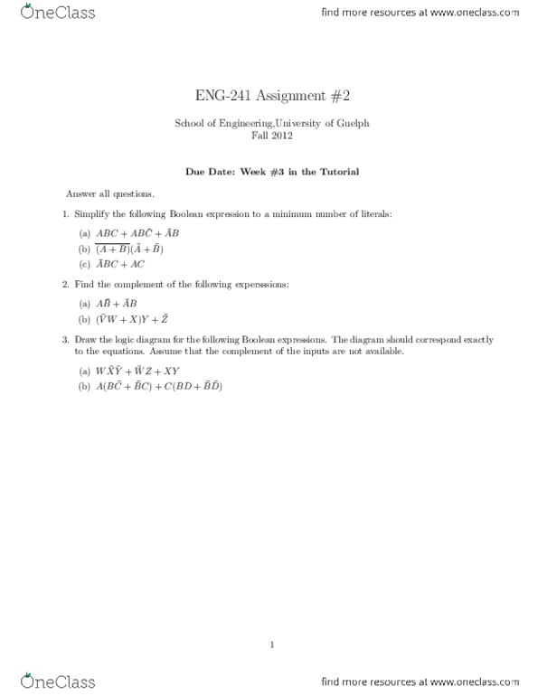 ENGG 2410 Lecture Notes - Boolean Expression, Due Date thumbnail