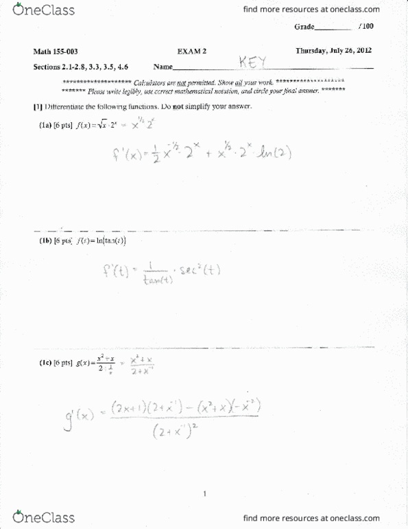 MATH 155 Midterm: MATH155 Term Test 2 2012 Summer Solutions - OneClass