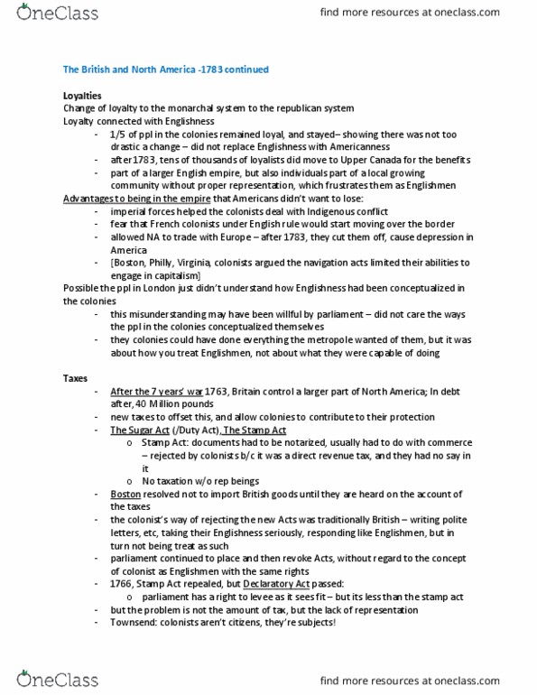 HIS324H1 Lecture Notes - Lecture 9: Sugar Act, Navigation Acts, Political Philosophy thumbnail