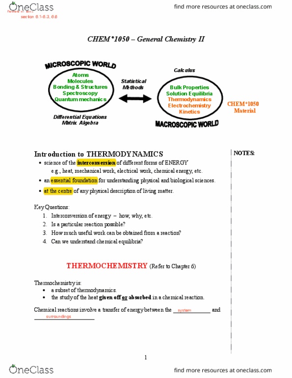 CHEM 1040 Lecture Notes - Lecture 9: Thermodynamics, Electrochemistry, Spectroscopy thumbnail