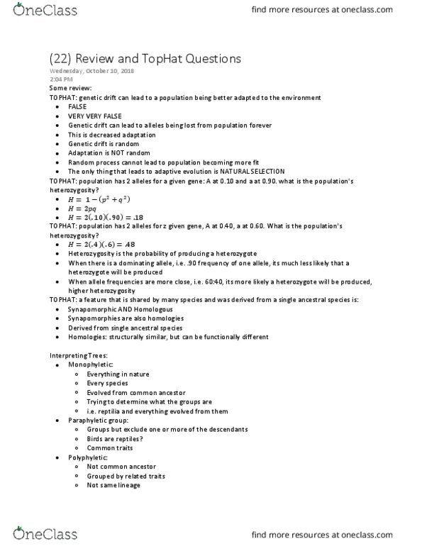 BIOLOGY 1114 Lecture Notes - Lecture 22: Zygosity, Allele Frequency, Genetic Drift cover image