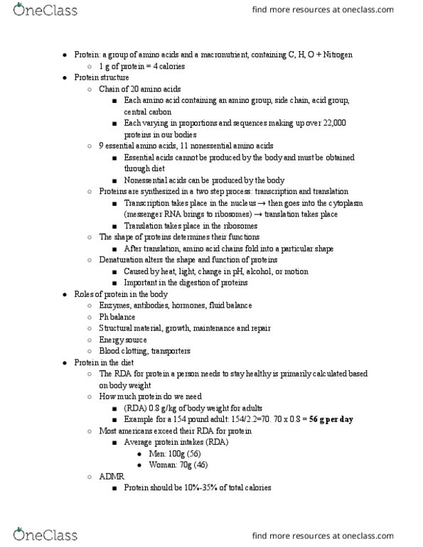 NTDT200 Lecture Notes - Lecture 8: Lean Body Mass, Complete Protein, Messenger Rna thumbnail