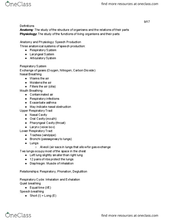 SLHS 1150 Lecture Notes - Lecture 5: Bronchus, Exhalation, Asthma thumbnail