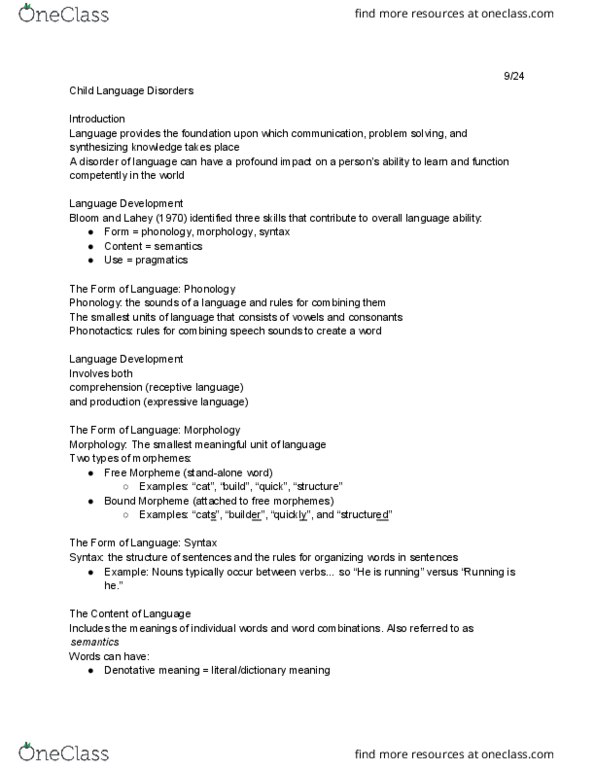 SLHS 1150 Lecture Notes - Lecture 7: Language Disorder, Morpheme, Pragmatics thumbnail