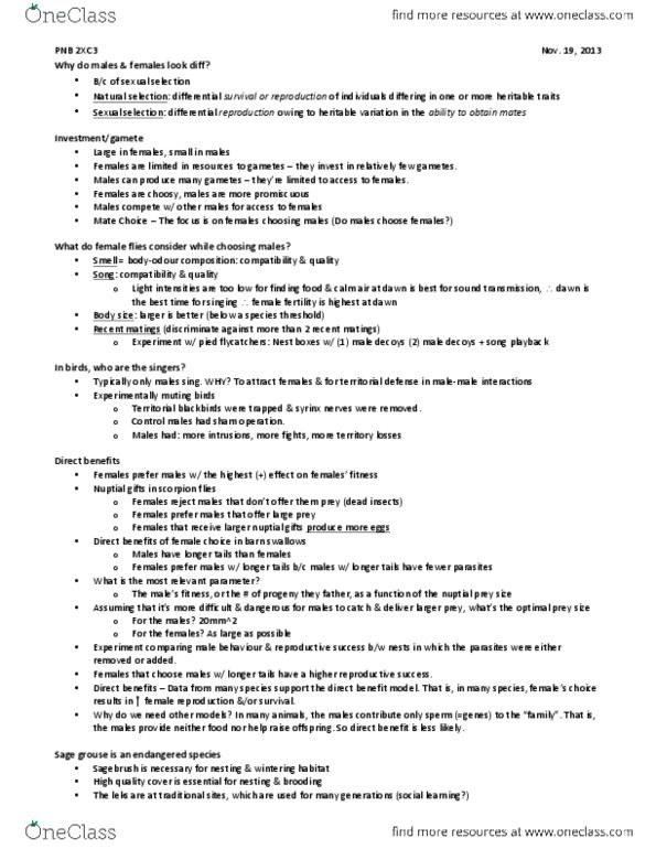 PSYCH 2TT3 Lecture Notes - Mate Choice, Lek Mating, Endangered Species thumbnail