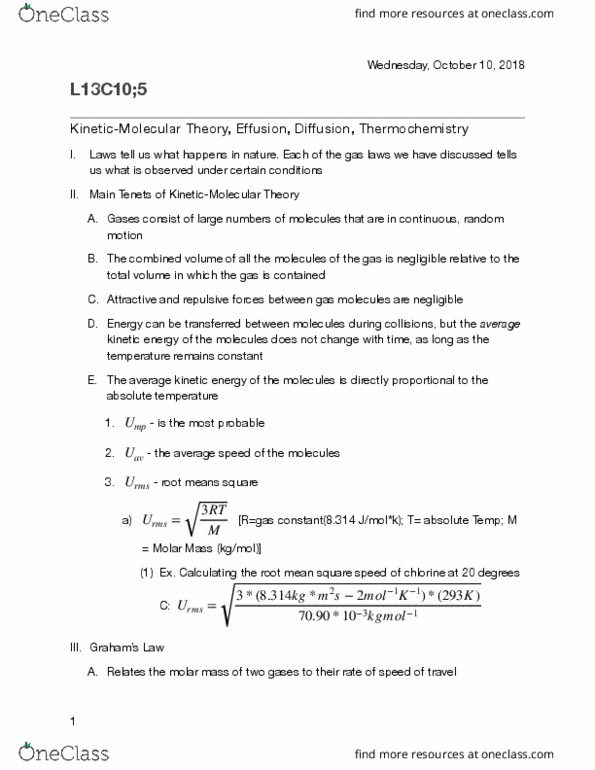 CHE K121 Lecture Notes - Lecture 13: Molar Mass, Jmol, Root Mean Square thumbnail