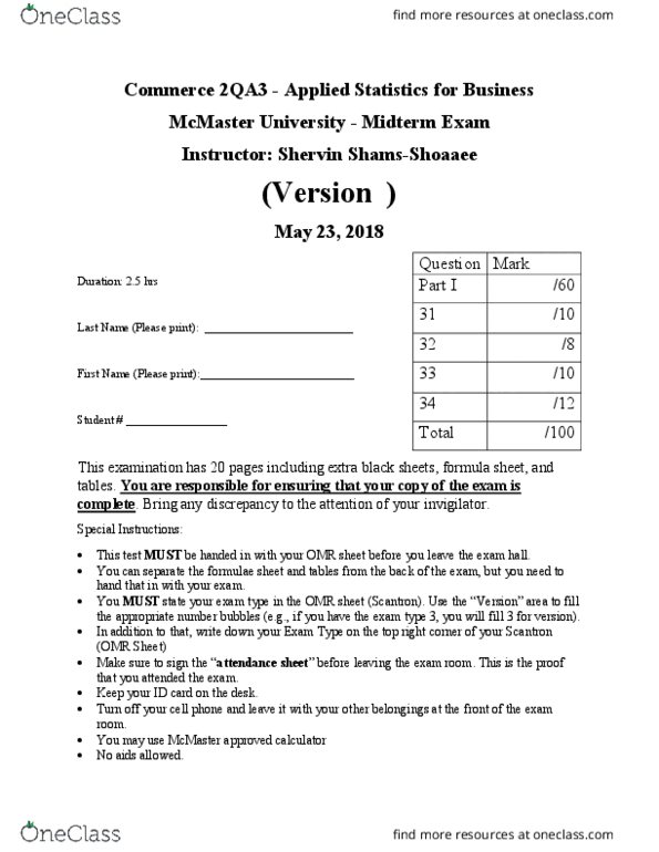 COMMERCE 2QA3 Lecture Notes - Lecture 10: Tim Hortons, Pencil, Scantron Corporation thumbnail