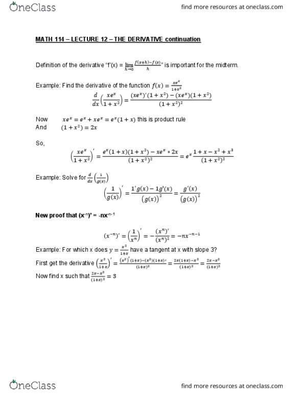 MATH114 Lecture Notes - Lecture 12: Product Rule, Chain Rule cover image