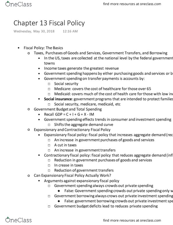 ECON 201 Chapter Notes - Chapter 13: Output Gap, Aggregate Demand, Government Spending thumbnail