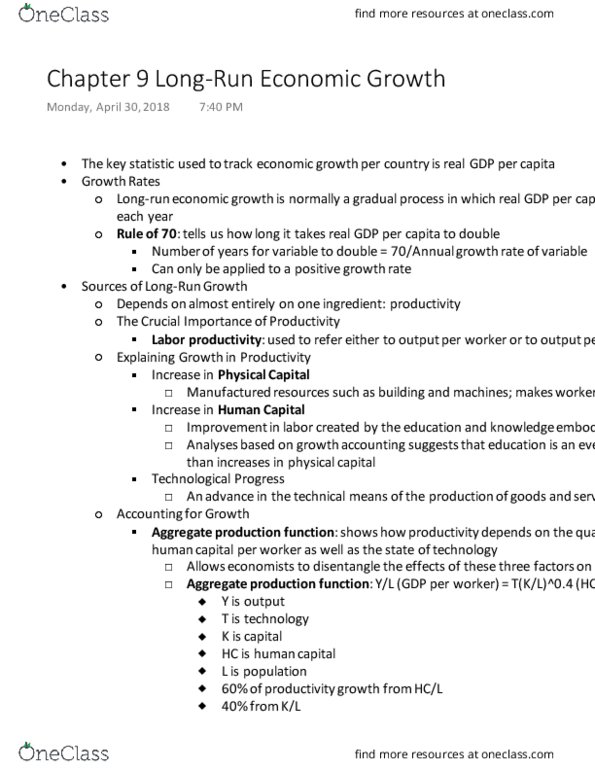 ECON 201 Chapter Notes - Chapter 9: Growth Accounting, Human Capital, Production Function thumbnail