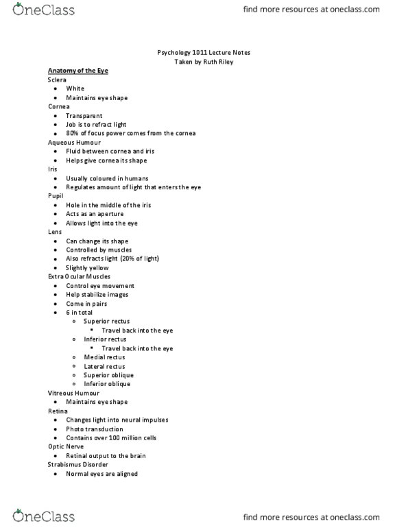 PSYO 1011 Lecture Notes - Lecture 2: Ruth Riley, Inferior Rectus Muscle, Medial Rectus Muscle cover image