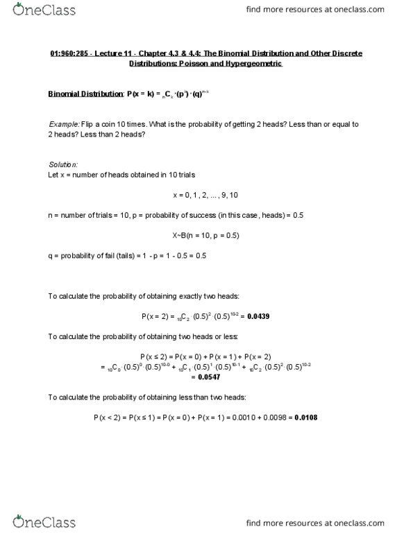 01:960:285 Lecture Notes - Lecture 11: Hypergeometric Distribution, Poisson Distribution cover image
