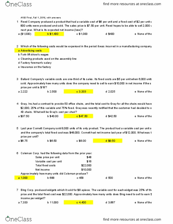 Bus A 100 Study Guide Fall 2018 Final Net Income Fixed