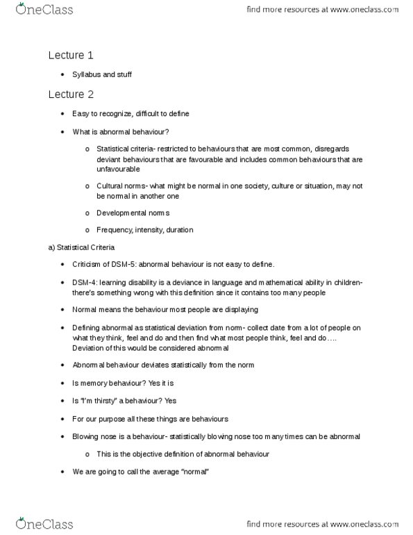 PSY240H5 Lecture Notes - Depressive Personality Disorder, Abnormal Psychology, Developmental Coordination Disorder thumbnail