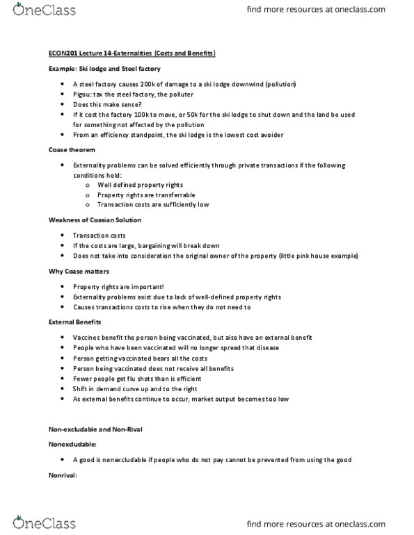 ECON-E 201 Lecture Notes - Lecture 14: Coase Theorem, Externality, Demand Curve cover image