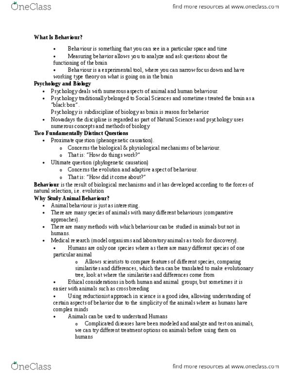 PSY352H5 Lecture Notes - Comparative Psychology, Reductionism, Genetic Code thumbnail