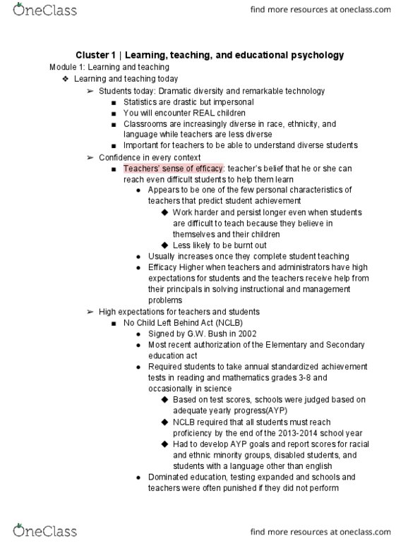 CEP 400 Chapter Notes - Chapter cluster 1: No Child Left Behind Act, Educational Psychology, Longitudinal Study thumbnail
