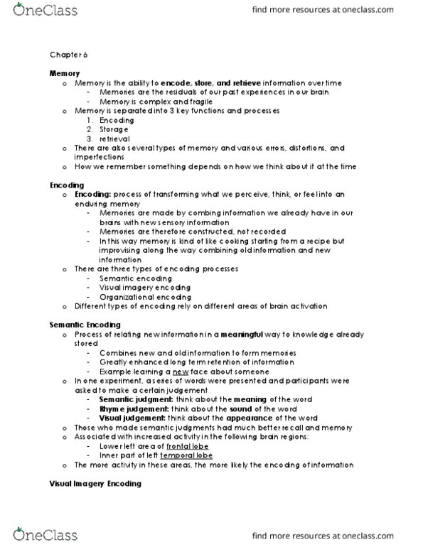 PSYC 100 Lecture Notes - Lecture 6: Frontal Lobe, Temporal Lobe, Long-Term Memory thumbnail