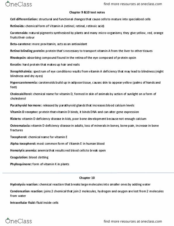 NUTR 1010 Chapter Notes - Chapter 9 and 10 : Vitamin D Deficiency, Calcitriol Receptor, Vitamin A Deficiency thumbnail