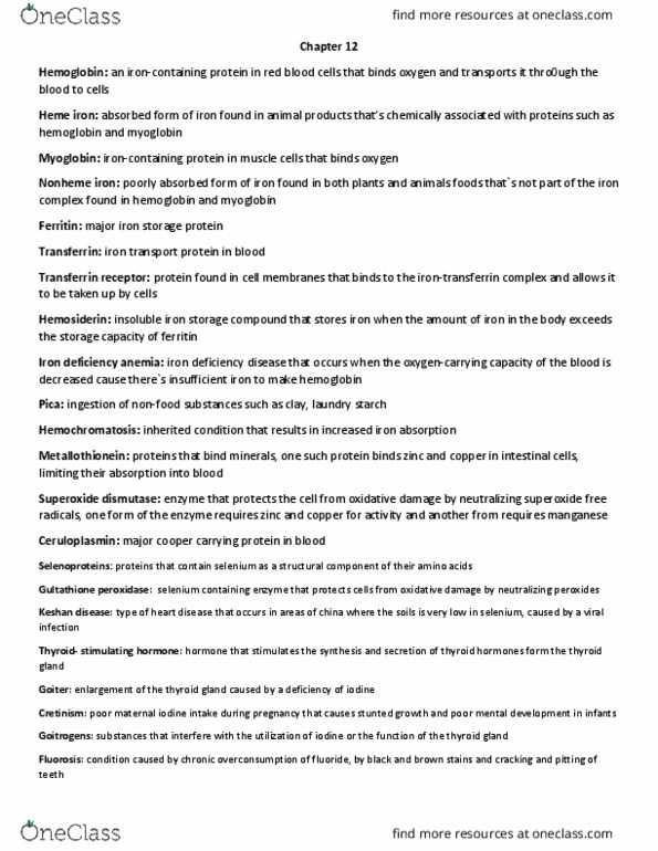 NUTR 1010 Chapter Notes - Chapter 12: Iron-Deficiency Anemia, Superoxide Dismutase, Thyroid thumbnail