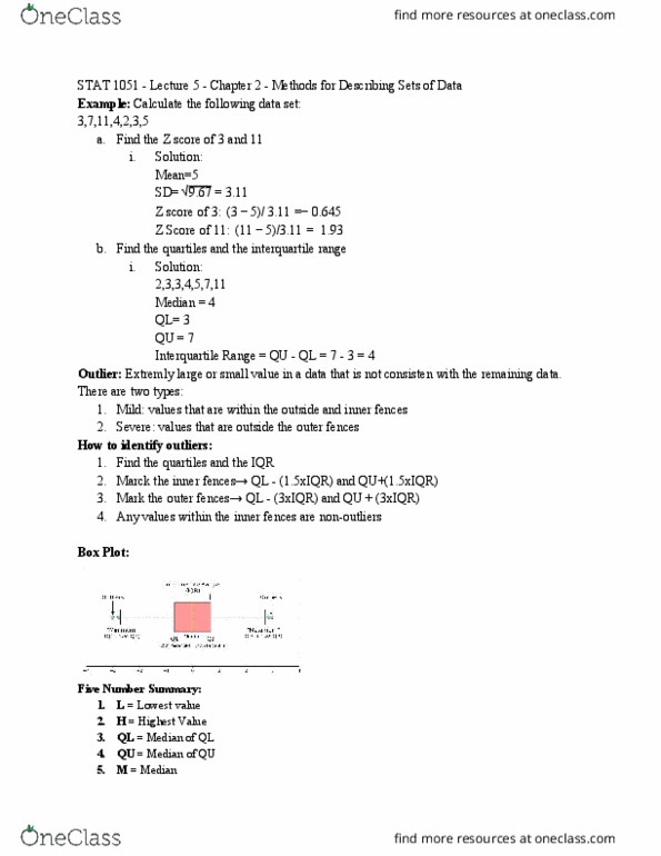 STAT 1051 Lecture Notes - Lecture 6: Interquartile Range, Standard Score, Box Plot cover image