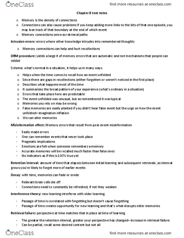 PSYC 2650 Chapter Notes - Chapter 8: Autobiographical Memory, Ram Parity, Interference Theory thumbnail