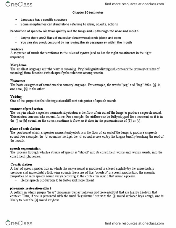 PSYC 2650 Chapter Notes - Chapter 10: Speech Segmentation, Vocal Folds, Coarticulation thumbnail