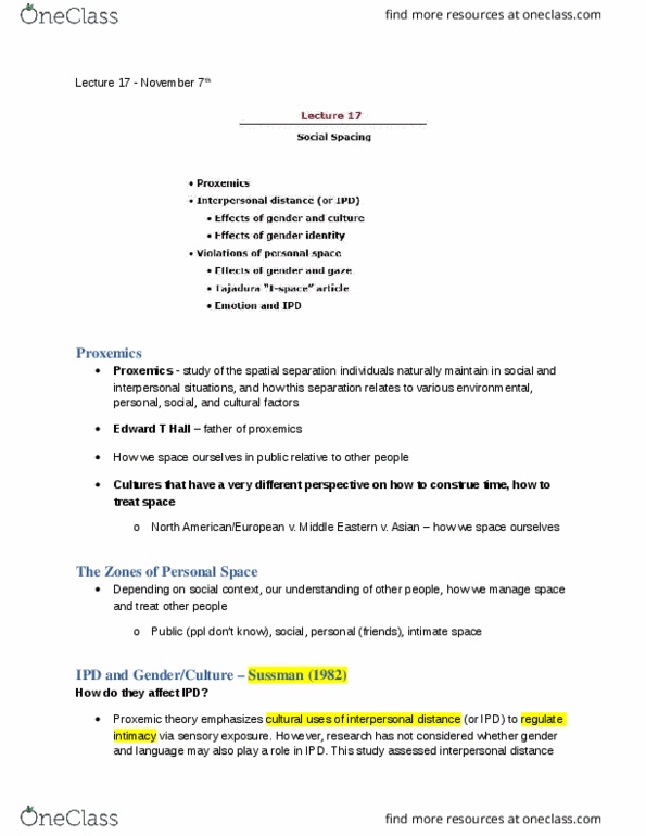 PSYC 309 Lecture 17: PSYCH 309 - Lecture 17 (Social Spacing) - Nov 7.docx thumbnail