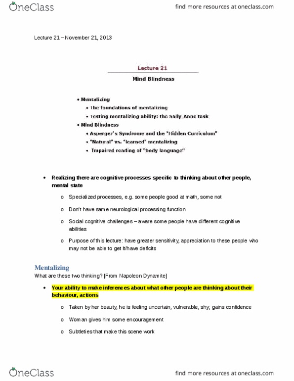 PSYC 309 Lecture Notes - Asperger Syndrome, Intellectual Disability, Neurotypical thumbnail