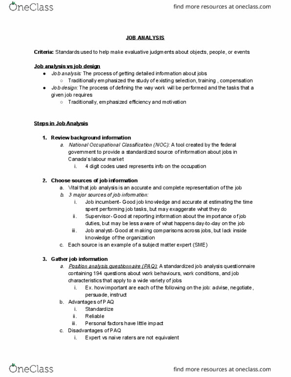 Management and Organizational Studies 1021A/B Lecture Notes - Lecture 2: Paq, Job Analysis, Job Design thumbnail