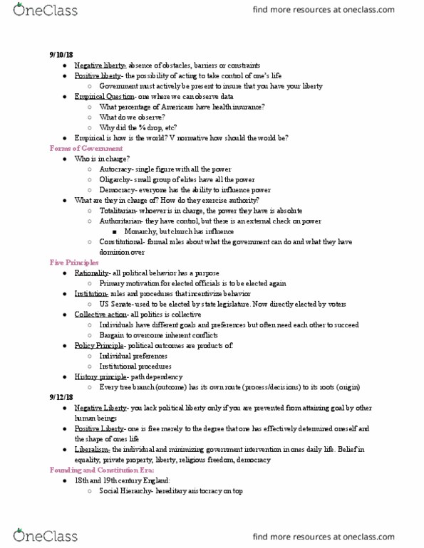 POLS 120 Lecture Notes - Lecture 1: Positive Liberty, Negative Liberty, Path Dependence thumbnail