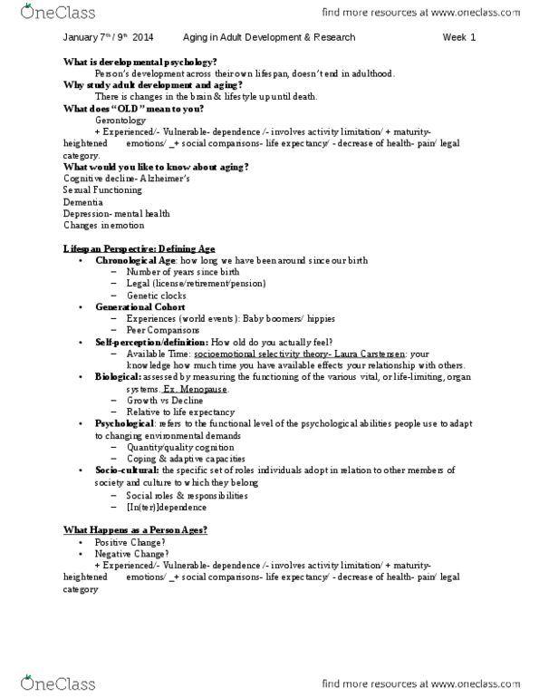 PSY313H5 Lecture Notes - Developmental Psychology, Doc Zone, Baby Boomers thumbnail