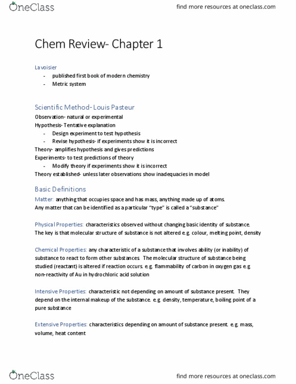 CHEM 112 Chapter Notes - Chapter 1: Louis Pasteur, Antoine Lavoisier, Metric System thumbnail