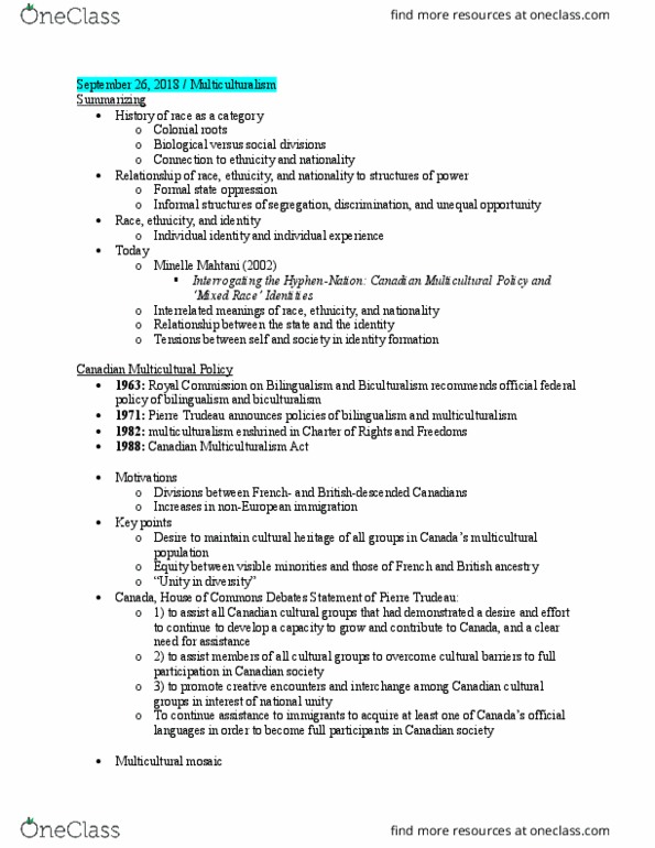 SOCI 210 Lecture Notes - Lecture 6: Canadian Multiculturalism Act, Pierre Trudeau, Biculturalism thumbnail