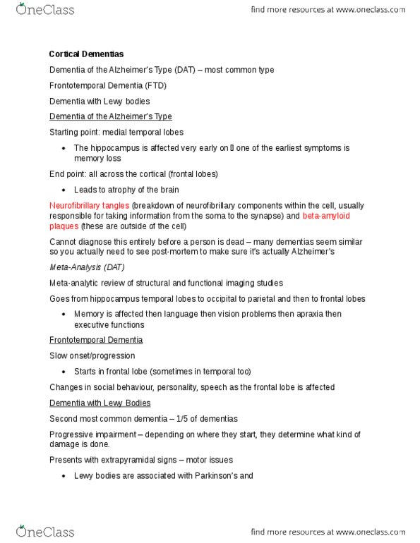 PSYC31H3 Lecture Notes - Lecture 2: Frontotemporal Dementia, Neurofibrillary Tangle, Extrapyramidal Symptoms thumbnail