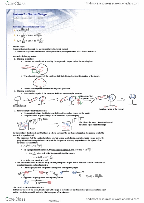 PHY137H5 Lecture Notes - Lecture 2: Surface Charge, Bohr Model thumbnail