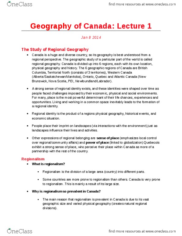 Geography 2010A/B Lecture Notes - Regional Geography, Central Canada, Cultural Area thumbnail