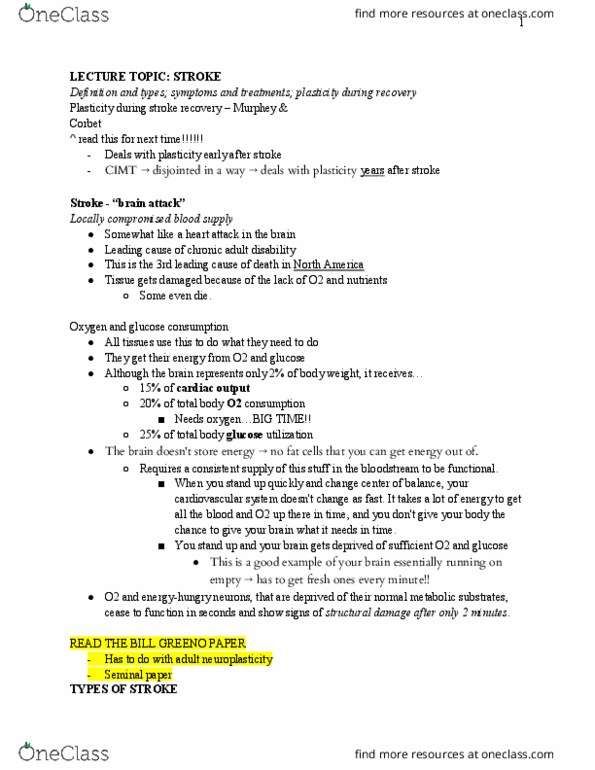 PSYC3338 Lecture Notes - Lecture 7: Middle Cerebral Artery, Stroke Recovery, Blood Vessel thumbnail