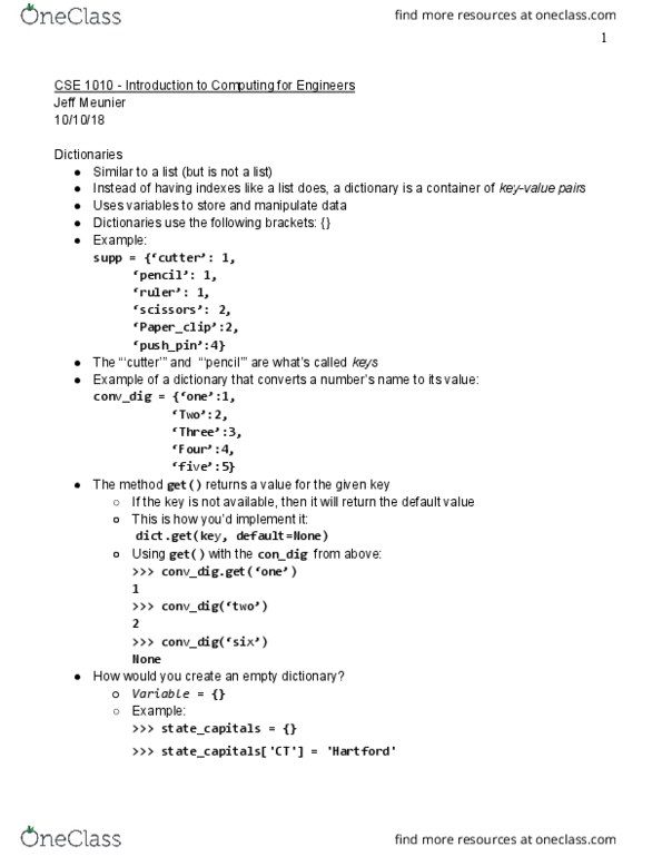 CSE 1010 Lecture 14: CSE 1010 - Lecture 14 - Dictionaries cover image