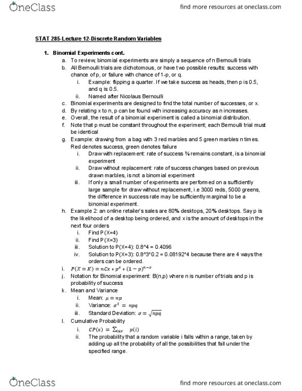 01:960:285 Lecture Notes - Lecture 12: Nicolaus I Bernoulli, Bernoulli Trial, Binomial Distribution cover image