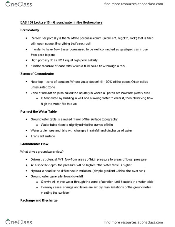 EAS100 Lecture Notes - Lecture 17: Vadose Zone, Water Table, Hydraulic Head thumbnail